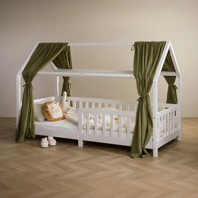 Produktbild von Hausbett Himmel NENA im 2er Set in dunkelgrün - Betthimmel aus 100% Baumwolle, Baldachin Musselin zweilagig, Bettvorhang für Kinder, Hausbett Deko