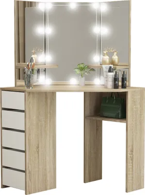 Obrázok produktu pre ML-Design toaletný stolík biely-sonoma, toaletný stolík s LED osvetlením, 3 zrkadlá, 5 zásuviek a 3 odkladacie priestory, 110x141,5x54 cm, kozmetický stolík z MDF dreva