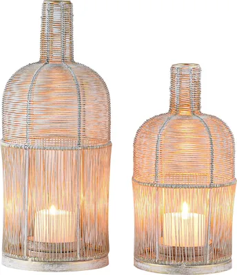 Produktbild von Marrakesch 2er Set Boho Deko Windlicht Laterne 32 & 25cm aus Metall in weiß | Teelichthalter als Tischdeko Wohnzimmer Deko | Kerzenhalter Windlichter Preston als Balkon & Garten Aesthetic Gartendeko