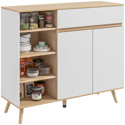 Produktbild von HOMCOM Sideboard-Aufbewahrungseinheit mit verstellbaren Regalen im skandinavischen Stil mit 1 Doppeltürschrank, 1 Schublade und 4 Nischen, 119 x 40 x 102 cm, weiß