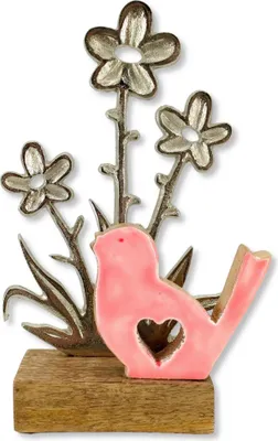 Produktbild von Holz und Metall Vogel rosa mit Blumen 14 x 23cm Tisch-Deko Wohndekoration Aufstelldeko Vögelchen Blümchen
