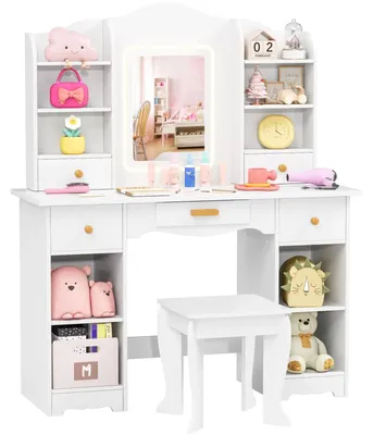 Produktbild von Schminktisch für Kinder - Prinzessin Frisiertisch - LED-Beleuchtung - Spiegel mit Hocker - 5 Schubladen 10 Fächer - 95x34x118 cm - Weiß