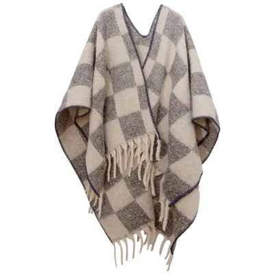 Produktbild von Winter Schal Damen, Warm Übergroße Schal mit Quasten, Karierte Schals, Elegant Poncho, 165x125cm, Grau