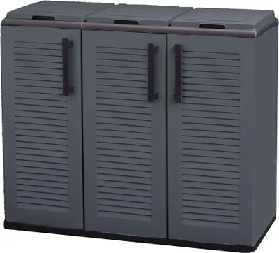 Produktbild von Niedrige Polypropylen-Schrank, Eco Easy Linie, 3-teiliger Mülltrennschrank mit Deckeln, Dunkelgrau, 102 x 37 x 84 cm