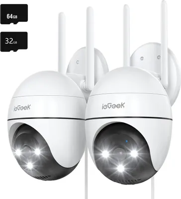 Two white dome security cameras with antennas are mounted on a white background.