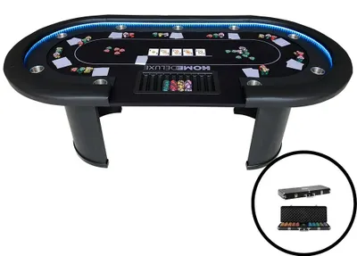Produktbild von HOME DELUXE - Pokertisch inkl. Pokerkoffer CASINO - mit LED Beleuchtung und Getränkehalter, für bis zu 9 Personen I Spieltisch Poker Tisch