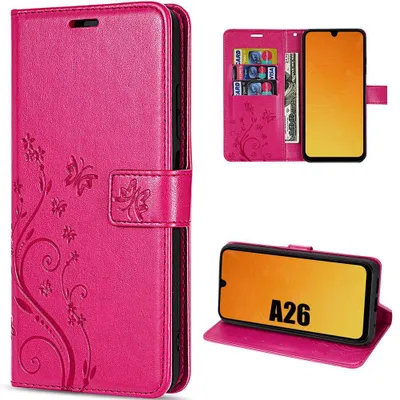 Image de Coque pour Samsung Galaxy A26 5G, Protection Rabat Anti-Rayures Antichoc Synthécuir Relief Floral Artistique - Fuchsia