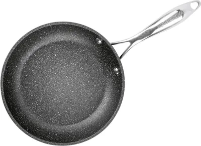 A top-down view of a frying pan on a white background.
