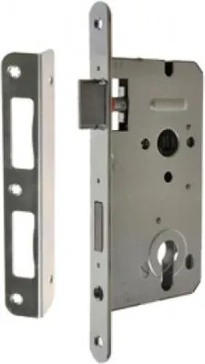 A silver-colored door lock mechanism and a strike plate are shown against a white background.