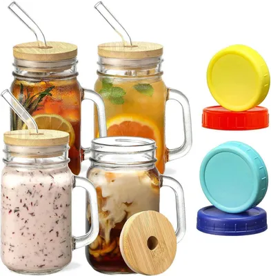 Produktbild von XXL Cocktailgläser mit Henkel und Deckel Set mit Glasstrohalme 500ml 4er Set Trinkgläser Wassergläser mit Reinigungsbürste spülmaschinenfest
