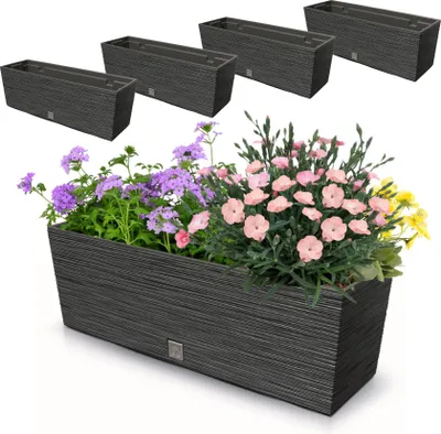 Imagen del producto de 4 macetas para balcón de 18 litros, 58x19,5 cm, color antracita, con un inserto interior de 12 litros