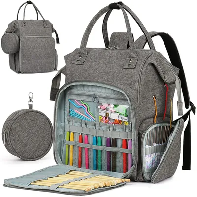 Produktbild von Multifunktion Stricktasche Rucksack, Reise Häkeltasche mit 6 Garnösen, Große Garnaufbewahrung Organizer Tasche für unfertige Projekte, Häkelnadeln, Stricknadeln, Wolle, Strick- und Häkelzubehör