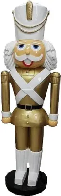 Produktbild von Casa Padrino Deko XXL Skulptur Nußknacker Gold / Weiß mit Uniform Lebensgross 180 cm - Weihnachten Weihnachtsdeko Kaufhausdeko