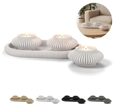 Immagine prodotto di Portacandele LED set 3 pezzi con vassoio rigato, set decorativo japandi – Bianco
