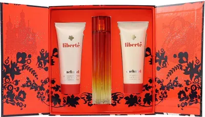 Geschenkset Cacharel Liberté mit Parfum, Duschgel und Bodylotion in orange-roter Box mit floraler Verzierung und stilvollem Design.