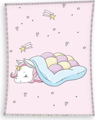 A cartoon illustration of a sleeping unicorn under a blanket, with stars and shooting stars in the background.