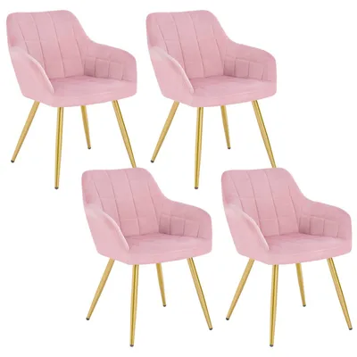 Four pink velvet chairs with gold metal legs arranged on a white background.
