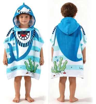 Imagen del producto de Toalla con capucha para niños, diseño de tiburón, de microfibra, para edades de 6 a 14 años, ideal para la playa y la piscina