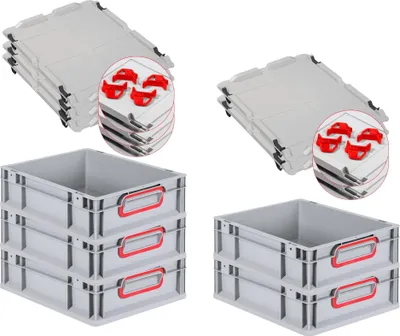 Produktbild von SparSet 5x Eurobox NextGen Color mit Auflagedeckel und Schiebeschnappverschlüsse | HxBxT 12x30x40cm | 11 Liter | Grau | Griffe rot geschlossen | Glatter Boden | Eurobehälter, Transportbox, Transportbehälter, Stapelbehälter