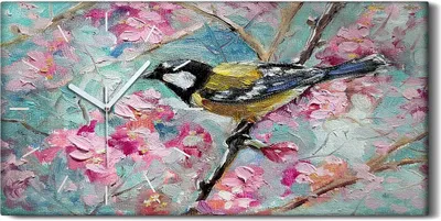 Produktbild von Leinwand Uhr Küche Wohnzimmer Bild 60x30 Gemälde Blumen Zweig Tier Vogel Kunst - weiße Hände