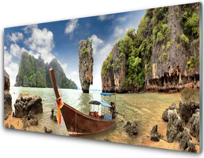Produktbild von Acrylglasbilder 100x50 Wandbild Druck Boot Gebirge Steine Landschaft