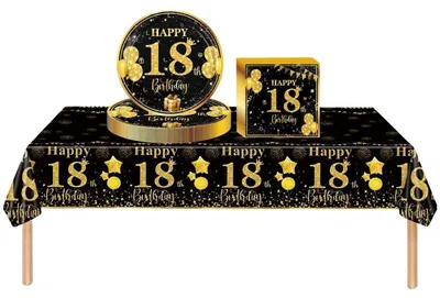 Immagine prodotto di Set di stoviglie per feste, 18 anni, 37 pezzi, nero e oro: tovaglia, piatti, tovaglioli