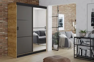 Produktbild von FurMeb24 Schiebetrenschrank RETRO 2-138x200cm Kleiderschrank mit Spiegel, 2-triger Schiebeschrank (Eiche Craft Gold / Graphit Antrazit + Spiegel und schwarze Beschl€ge)
