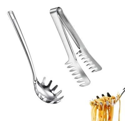 Produktbild von Spaghettilöffel und Nudelzange - 2-teiliges Set aus Edelstahl - Küchenhelfer für Pasta, Salat und Gemüse - Rostfrei und spülmaschinenfest