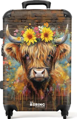 Produktbild von NoBoringSuitcases.com® Großer Koffer - Graffiti Schottischer Highlander mit Blumen - Kombinationsschloss TSA - Hartschalen Trolley 4 Rollen - 72 liter - Reisekoffer - 66 cmKoffer Mittelgroß 67x43x25 cm, 72L,