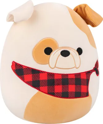 A plush toy bulldog wearing a red and black checkered scarf.