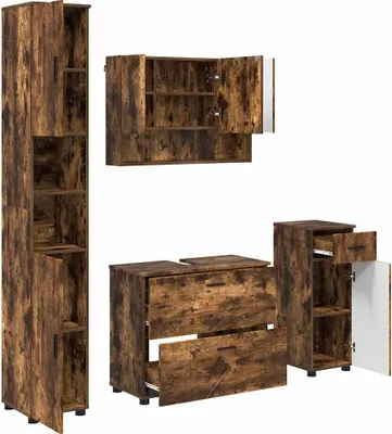 Image de vidaXL Ensemble de meubles de salle de bain, 4 pièces, en bois fumé et métal