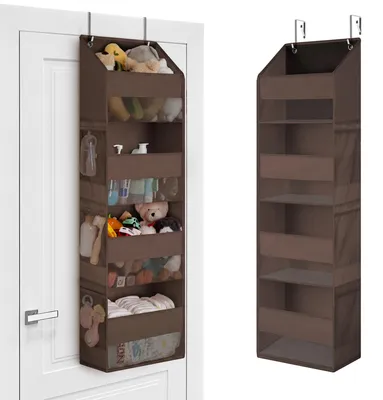Image de Étagère de porte à 4 compartiments, 1 pièce, rangement pour l'intérieur de la porte, marron, étagère de porte, étagère suspendue pour la chambre à coucher