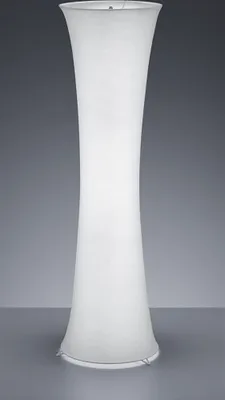 A tall, white, fabric floor lamp with a curved, hourglass shape.