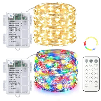 Lichterkette 2er-Set 100 LEDs 10 m, warmweiß+bunt, dimmbar, Fernbedienung