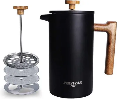 Image de Cafetière à filtre manuelle avec poignée en bois, 1 litre, 8 tasses, verseuse à double isolation et infuseur à thé, style vintage, noir