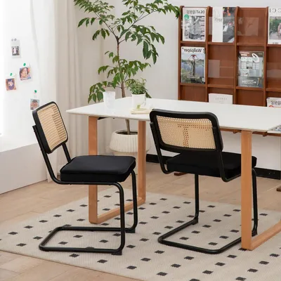 Produktbild von 2er Set Samt-Rattan Essstühle Chrombeine Mid-Century Design Wohnküche Schwarz