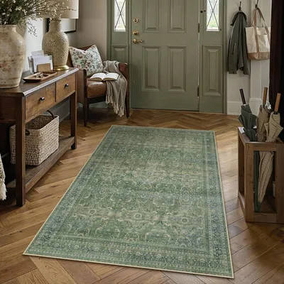 Obrázok produktu pre Umývateľný koberec do obývačky, 120x170 cm, vintage štýl, krátky vlas, zelený, obdĺžnikový