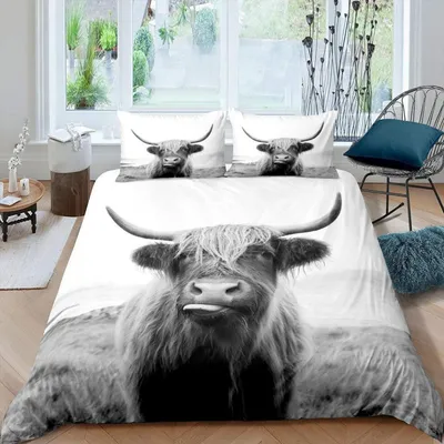 Productafbeelding van Bettlaken set, Hooglandkoe, 155x220 cm, grijs/wit, microvezel, 2-delig