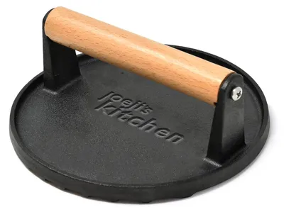 Zdjęcie produktu dla Prasa do burgerów Joeji - nieprzywierająca żeliwna prasa do burgerów zapewniająca doskonałe ślady na grillu - prasa do burgerów z drewnianą rączką z chłodnym dotykiem