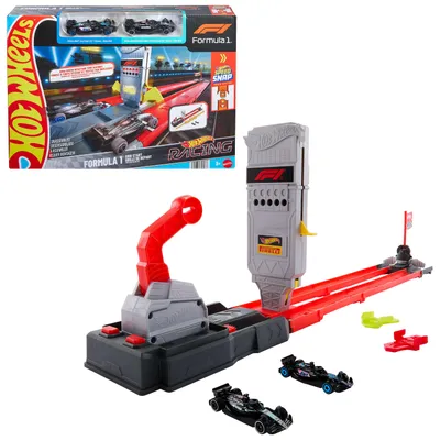 Produktbild von Hot Wheels City Race Formel 1 Startaufstellung-Start-Trackset mit 2 Die-Cast F1-Autos im Maßstab 1:64, Fahrzeug- & Schienen-Set, 3 Jahr(e), Kunststoff, Mehrfarbig