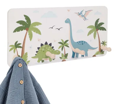 Imagen del producto de Perchero infantil Relaxdays, con 4 ganchos, diseño de dinosaurio, para montaje en pared, fabricado en MDF y madera, ideal para habitaciones infantiles, pasillos o recibidores, color verde y blanco, Imagen generada por IA