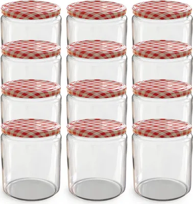 Produktbild von Oputec 12x 405 ml Einmachgläser mit Schraubdeckel rotkariert – Perfekt für Konfitüren, als Vorratsgläser mit Deckel Marmeladengläser und Schraubgläser