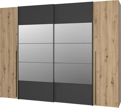 Produktbild von Kleiderschrank Schwebetürenschrank Drehtürenschrank Artisan Eiche - schwarz mit Spiegel 270 cm - RAYONG - Die Möbelfundgrube
