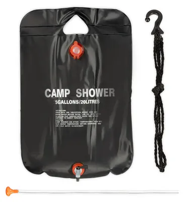 Produktbild von Relaxdays Campingdusche 20 l, Solardusche Camping, zum Aufhängen, faltbar, mit Handbrause, mobile Außendusche, schwarz