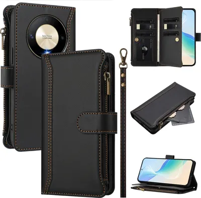 Produktbild von Handyhülle für Honor X9B/Magic6 Lite Reißverschluss Geldbörse Kunstleder Klapphülle mit Kartensteckplatz, Ständer, Handschlaufe Schwarz