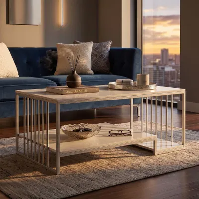 Imagen del producto de Mesa de centro Kayseri con doble superficie en imitación mármol y estructura plateada – Elegancia versátil – 1428890000