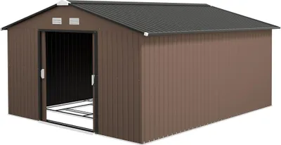 Produktbild von Geräteschuppen, Wetterfestes Gartenhaus für Gartengeräte, mit Belüftungsfenstern, Schiebetüren, Stahl, Braun