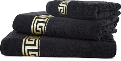 Produktbild von 3tlg. Luxus Medusa Saunatuch Badetuch Handtuch Set - Schwarz - Frottee - Goldene Bordüre