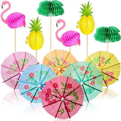 Produktbild von 60 Stücke Cocktail Dekoration Cocktailspieße 3D Flamingo Ananas Cupcakes Deckel Schirmstäbchen Palmen Waben Tropische Fruchtdeckel