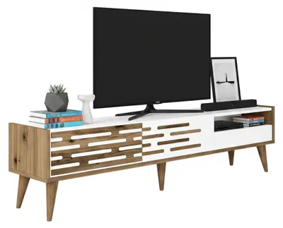 Produktbild von Fernsehschrank Alnilam, Ständer für Wohnzimmerfernseher, Niedriges Wohnzimmer-Sideboard, TV-Ständerbasis, 180x45h35 cm, Weiß und Walnuss